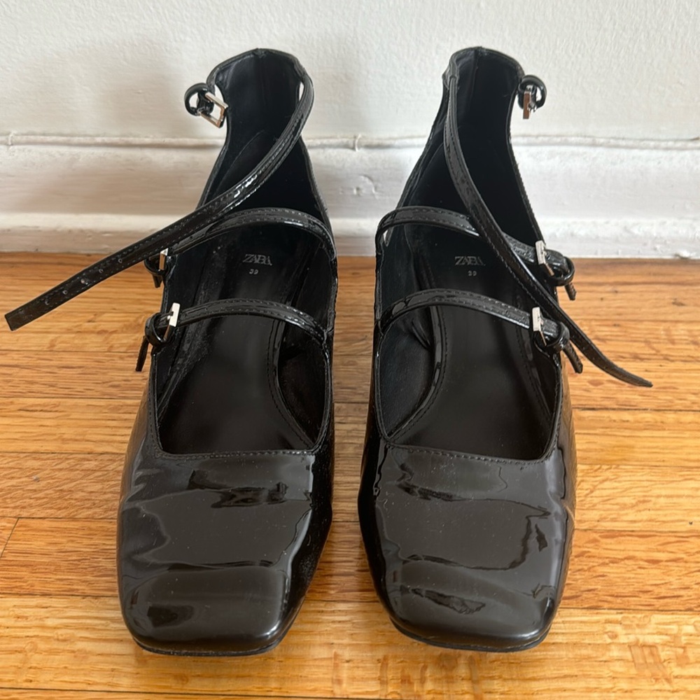 Zara Patent Leather Black strappy Mary Jane heels